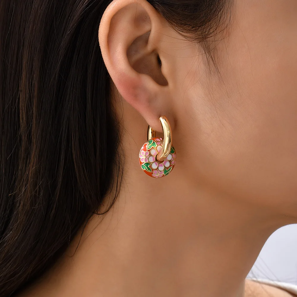 2025 Gold Color Stainless Steel Chunky Hoop Earrings Enamel Flower Round Loop Ear Buckle Earring Brincos for Women Jewelry