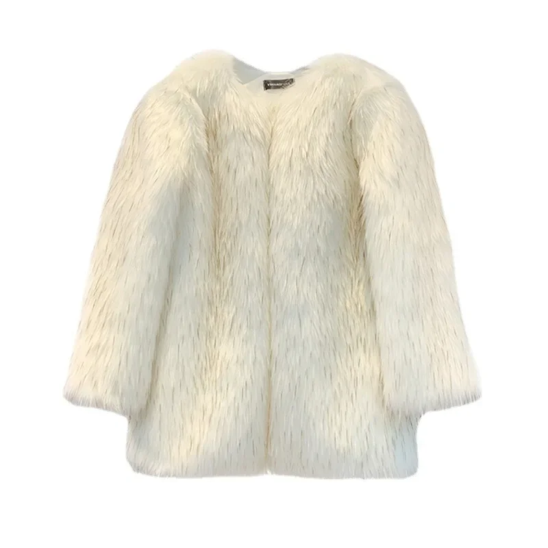 Fashion Solid Color Round Neck Long Sleeve Women's Fake Fur Coat Autumn Winter Imitation Fox Fur Temperament Mid-Length Coat