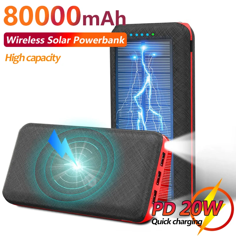 Solar Wireless 80000mAh Power Bank Portable Outdoor Mobile Phone Fast Charging External Battery Suitable for Xiaomi Iphone best portable charger for iphone