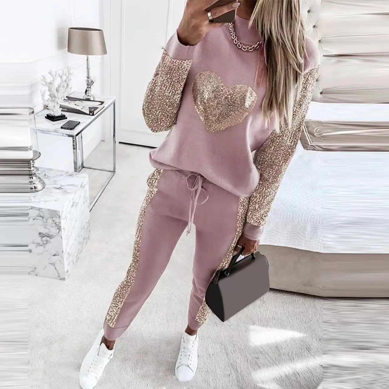 SKMY 2024 Autumn Winter New Arrival Two Piece Set For Women Love Heart Sequins Patchwork Long Sleeve Tops Casual Pant Sets