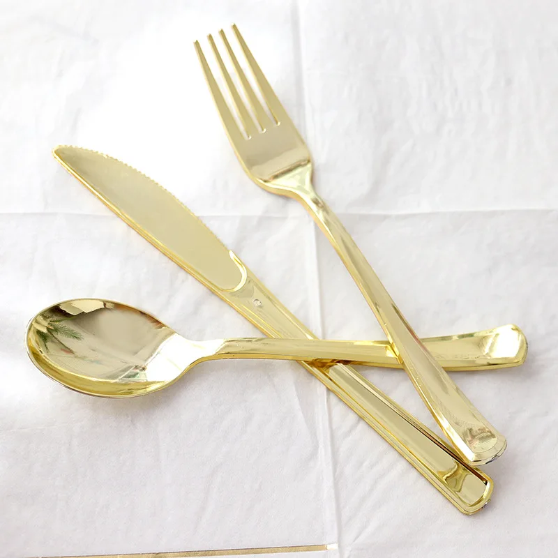 50 pcs Golden Rose Gold Plastic Cutlery Set Crystal Clear Cutlery-set Plastic Dinner Knife Fork Spoon Birthday Party Household