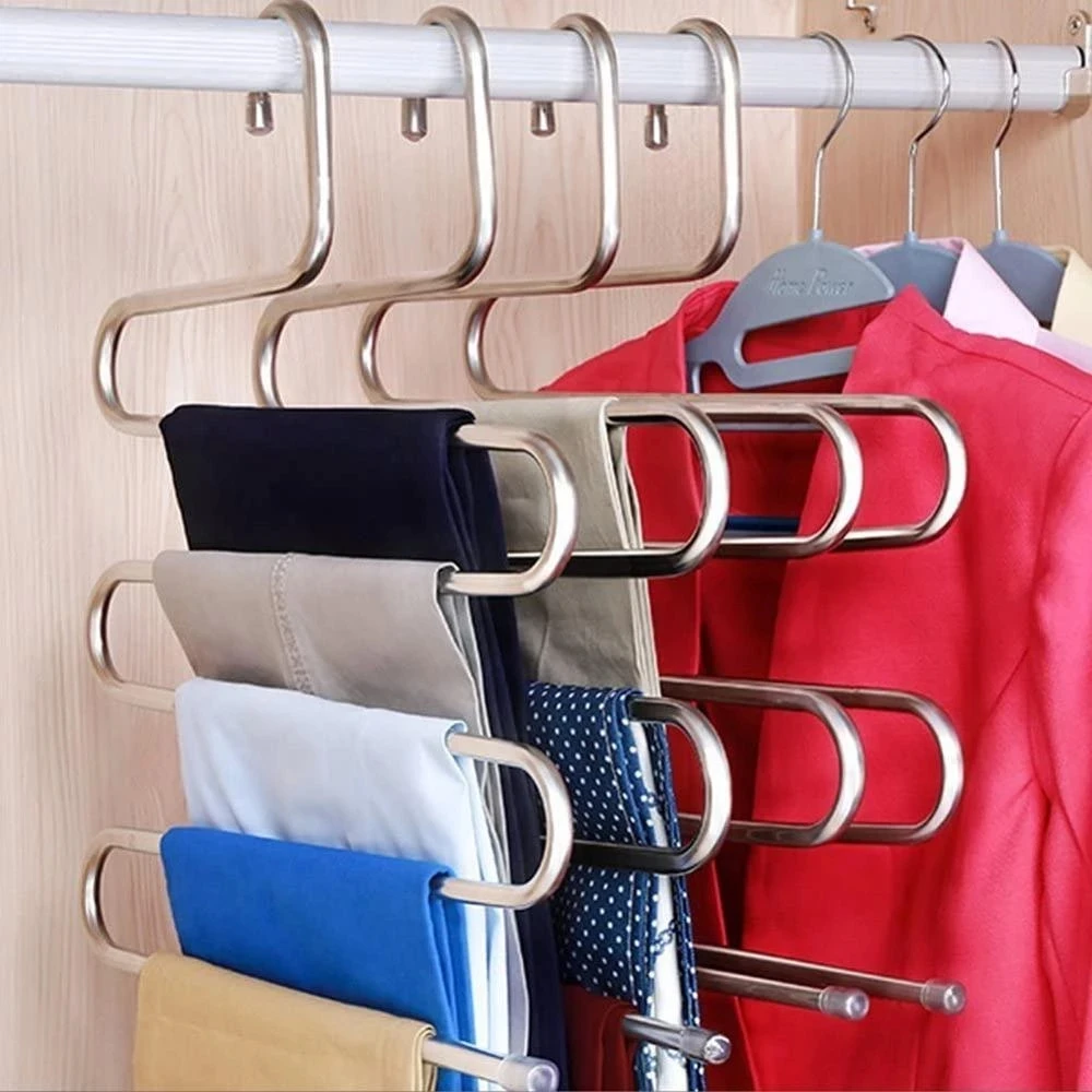 Clothes Hanger Pants Rack Clothes Rack Storage Hanger MultiFunctional Stainless Steel Trouser Hanger 5 Layers Pant Storage Cloth Rack S-type Non-slip Drying Rack Bathroom Organizer