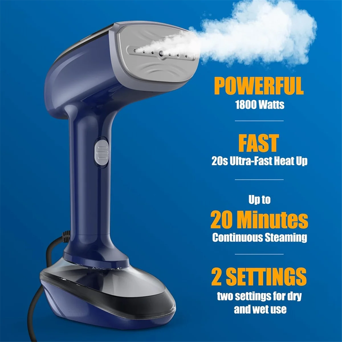 JAS-Powerful Handheld Fabric Steamer - 1800W with Fast Ceramic Heat-Up Plate, 2-In-1 Ironing & Wrinkle Remover,US Plug White 3