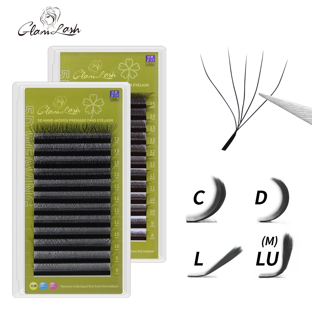 GLAMLASH 5D - Extensión de pestañas en forma de W Fijación automática con pestañas postizas 0,07 mm C/D/L/LU Curl Individual