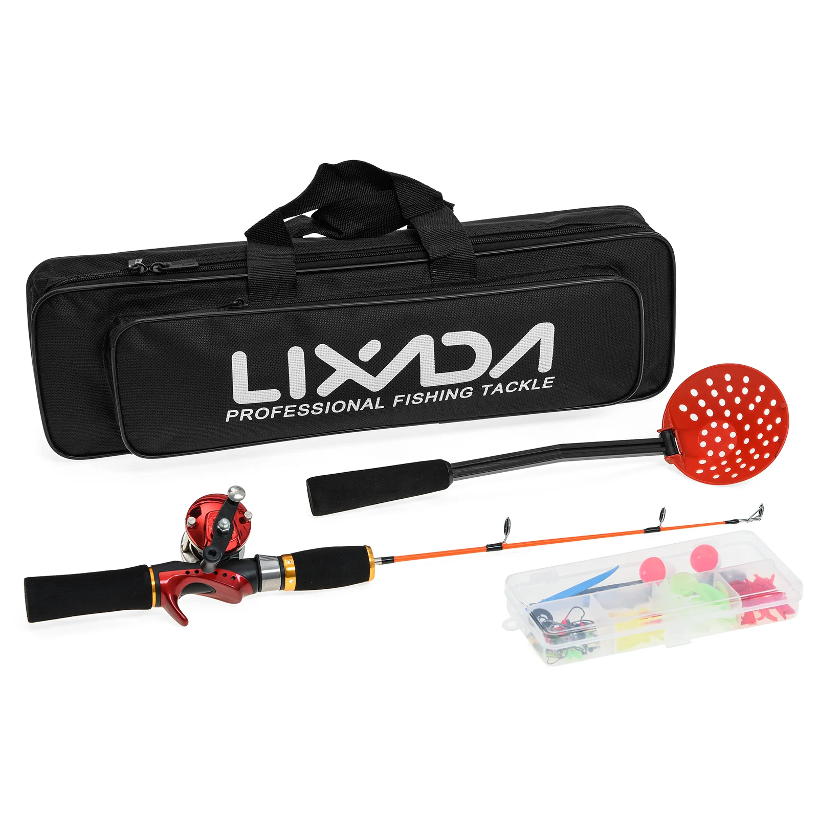 Cheap Lixada Ice Fishing Rod Reel Combo Complete Kit with Ice Skimmer Scoop  and Carry Bag Lures Hooks