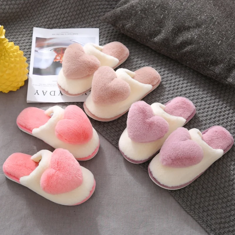 Autumn Winter Women Heart Shaped Home Slippers Ladies Fashion Indoor Warm Fluffy Slides Females Cute Casual Non-slip Plush Shoes 4