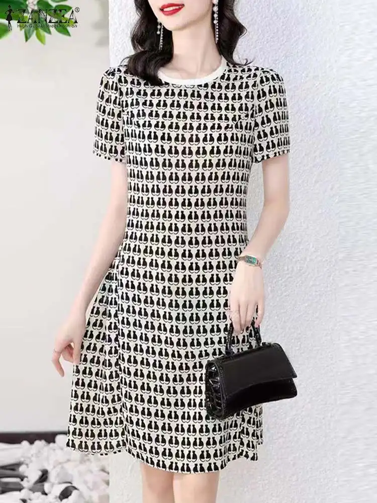 

Women Mini Sundress 2024 ZANZEA Summer Printed Dress Bohemian Round Neck Short Sleeve A-Line Vestidos Casual Loose Beach Robe