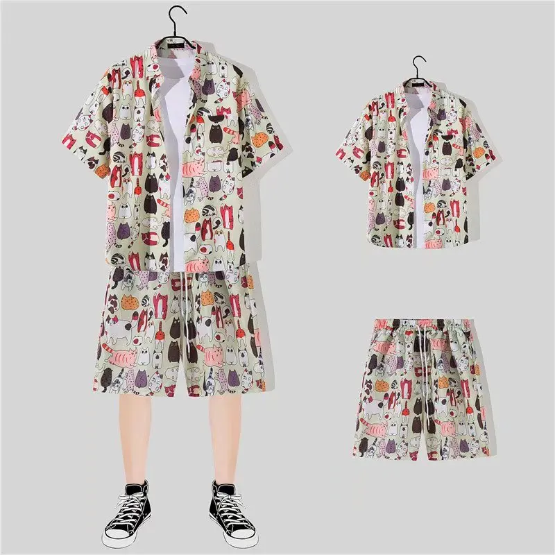 

Summer Fashion Men Casual Shirts Printed Short Sleeve Ins Unisex Holiday Shirts Tops and Beach Shorts Two Piece Suits Men's Sets