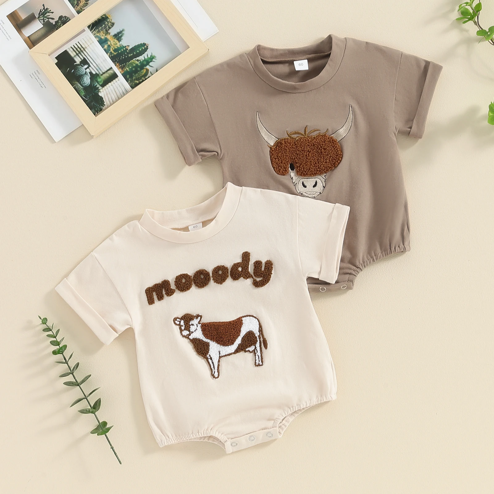 FOCUSNORM 0-18M Lovely Baby Boys Girls Western Romper Short Sleeve Cow Head Embroidery Sweatshirt Jumpsuits