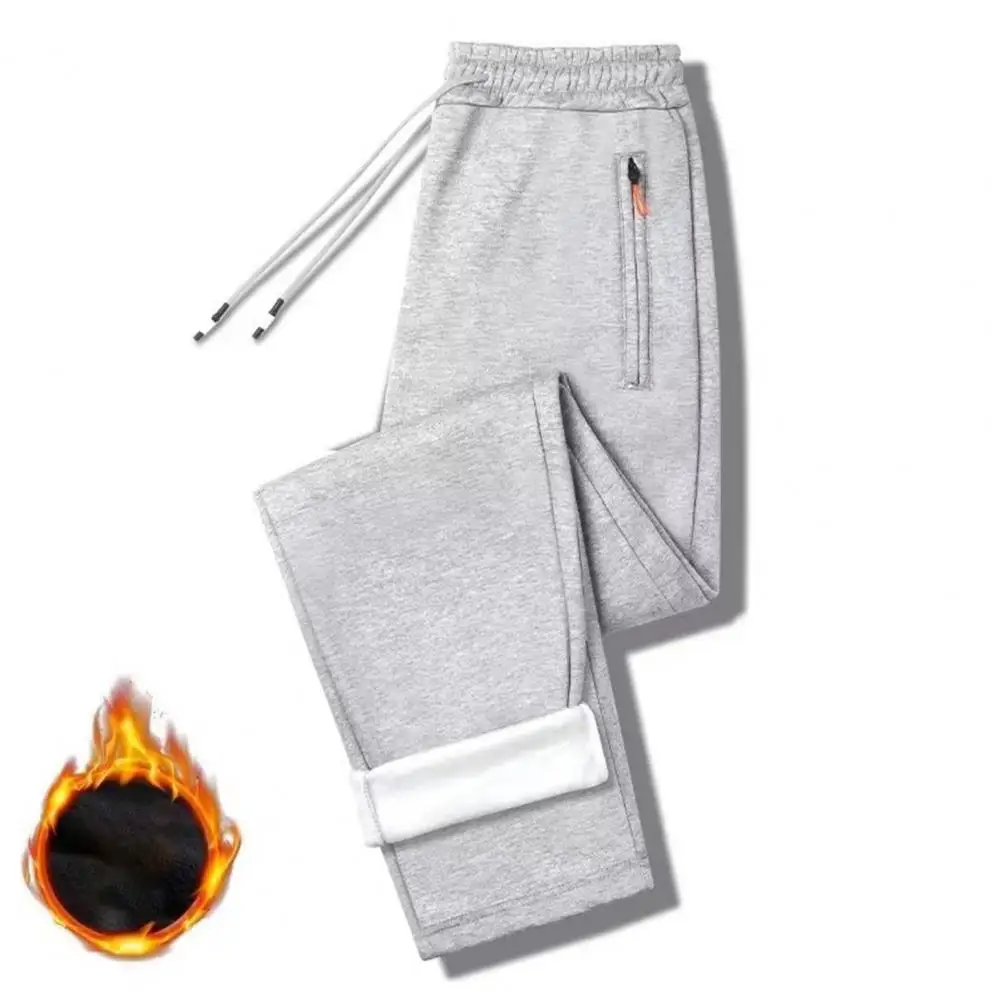 

Men Mid-rise Pants Warm Trousers Thickened Plush Lining Elastic Waist Jogger Pants with Pockets Ideal for Autumn Winter Lace-up