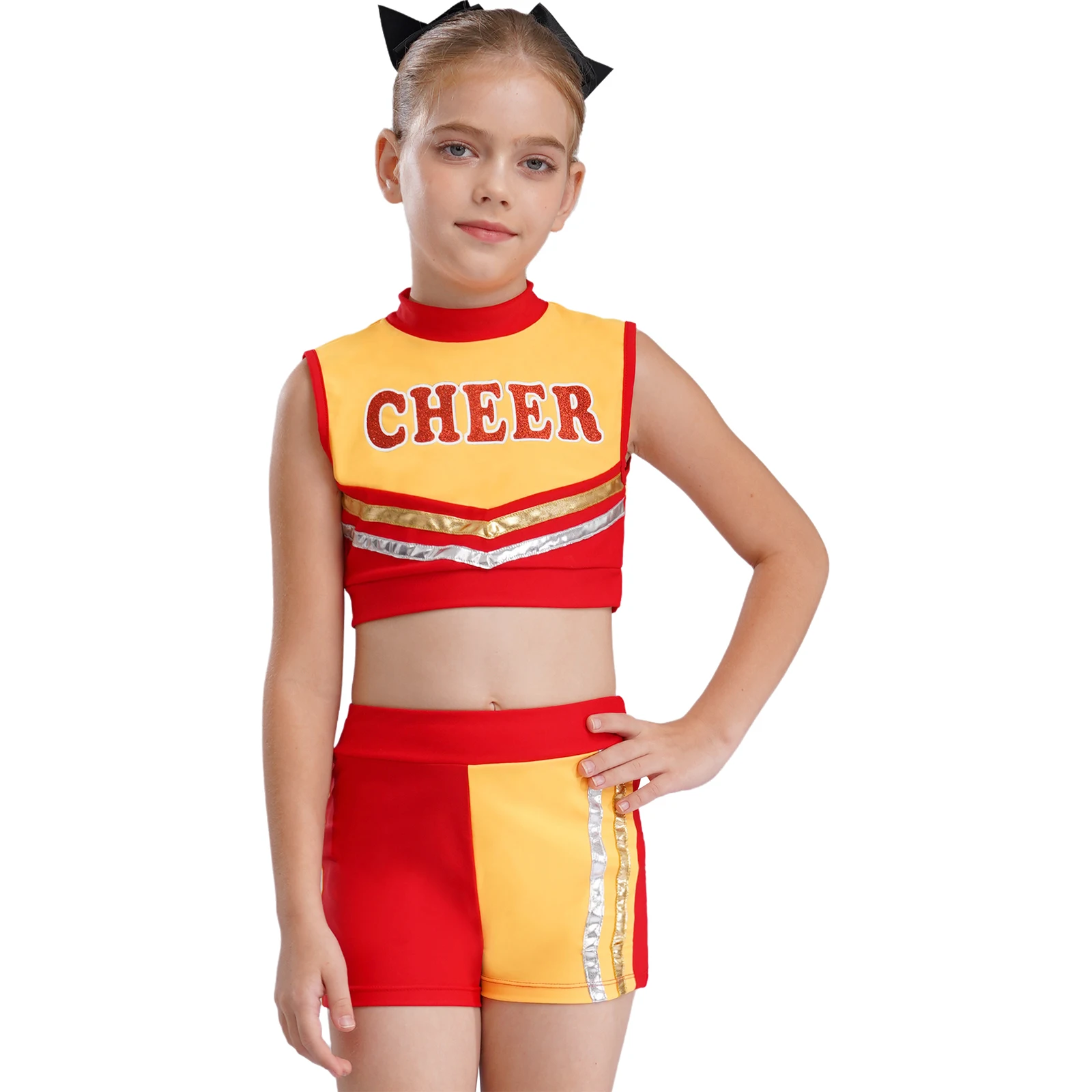 Kinder Mädchen Cheerleader Cheerleading Tanz Performance Kostüm Buchstaben bedrucktes Crop Top mit metallisch gestreiften Rock und Shorts – Detail 24