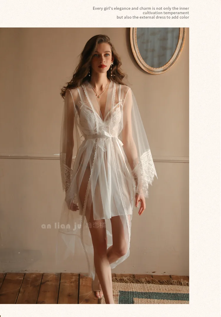 Brautkleider Neue Lange Hülse Dünne Nachtwäsche Bademantel Frauen Perspektive Sexy Dusche Robe Weibliche Nachtwäsche Kimono Kleider – Detail 4