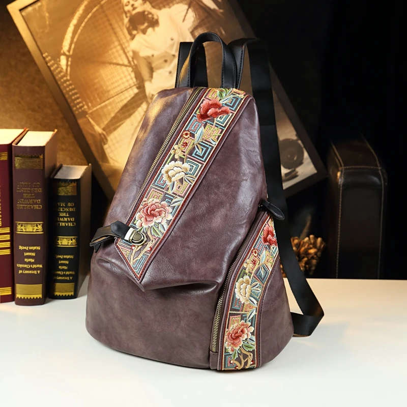 Retro Genuine Leathe Women Backpack Embroidered Design Ladies Bag Travel Backpacks Mother Anti-Theft Backpack Fashion Trend 2
