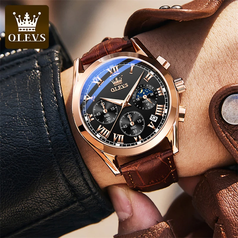 OLEVS Brand Business Mens Quartz Watch Fashion Leather Strap Sports Waterproof Chronograph Watches for Men Relogio Masculino