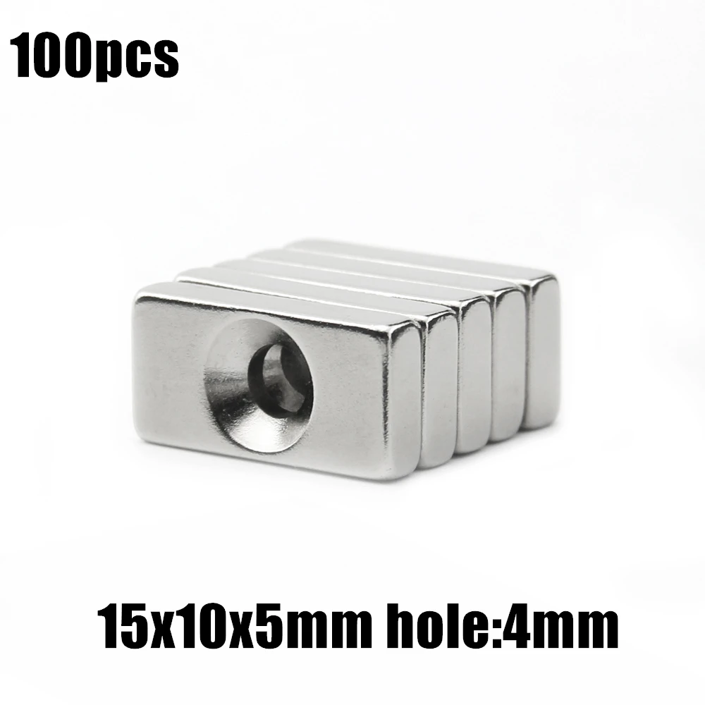 

100pcs 15x10x5mm hole:4mm Block NdFeB Neodymium Magnet N35 15x10x5-4 mm Super Powerful Permanent Magnetic