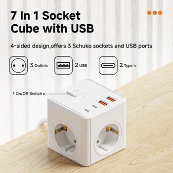 7-in-1 EU power board, 3 AC sockets & 2 USBs & 2 Type-Cs & with 1.5-meter extension cable, 1 switch, suitable for home, office 1