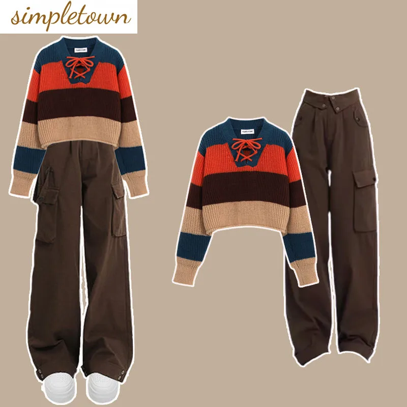 Korean Style Retro Knit Sweater Pullover Pocket Decoration Work Pants Two-piece Female Student Pants Set Winter Tracksuit korean style retro knit sweater pullover pocket decoration work pants two piece female student pants set winter tracksuit