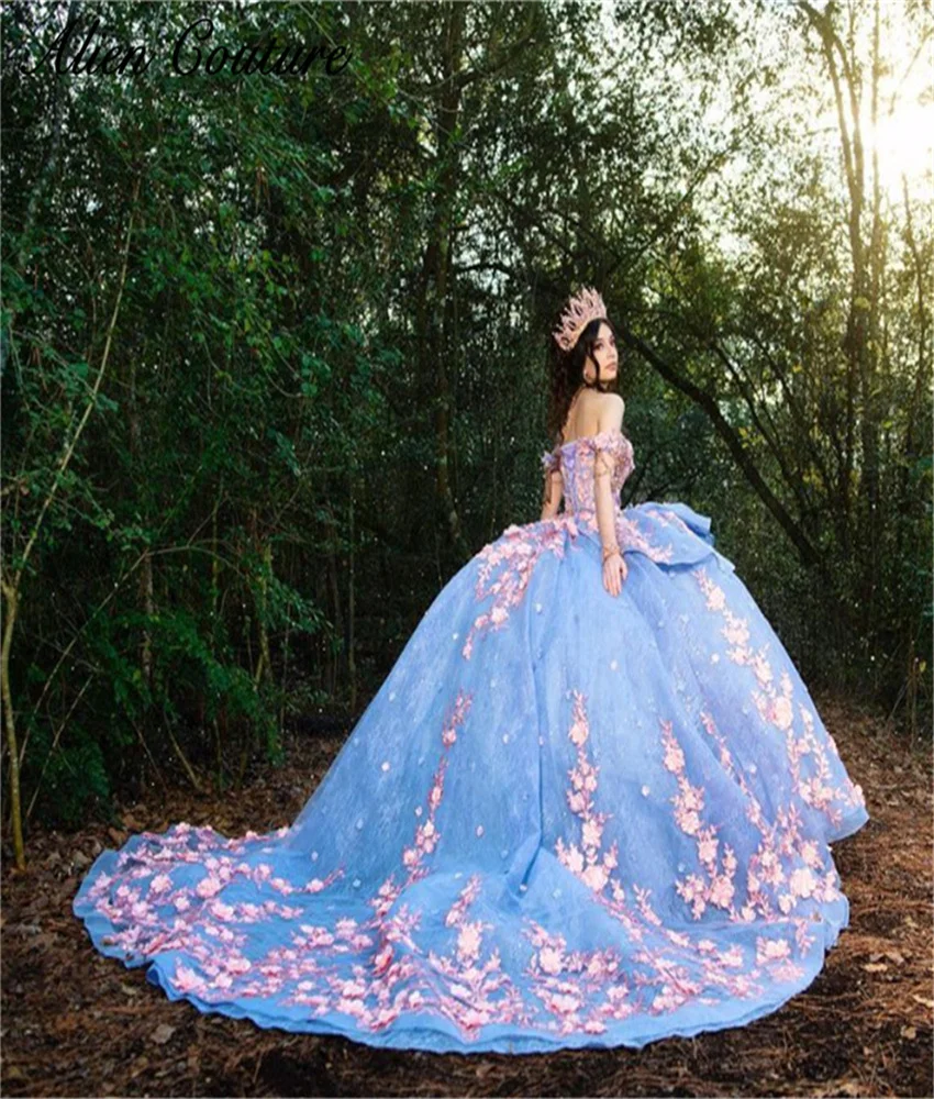 Exquisite Blue Quinceanera Dress Luxury Bead 3D Pink Flower Applique Birthday Gown Sweet 16 Dress With Cape Customized