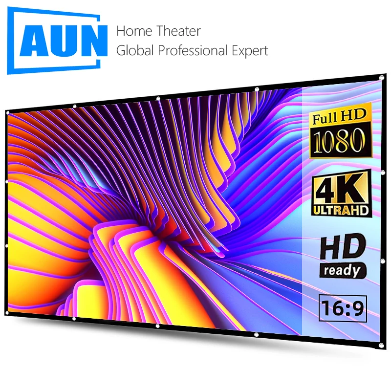 AUN Projector Screen 133/120/100/60 Inch 16:9 Foldable Portable White Cloth Material For 4K Full HD Projector projector screen projection screen