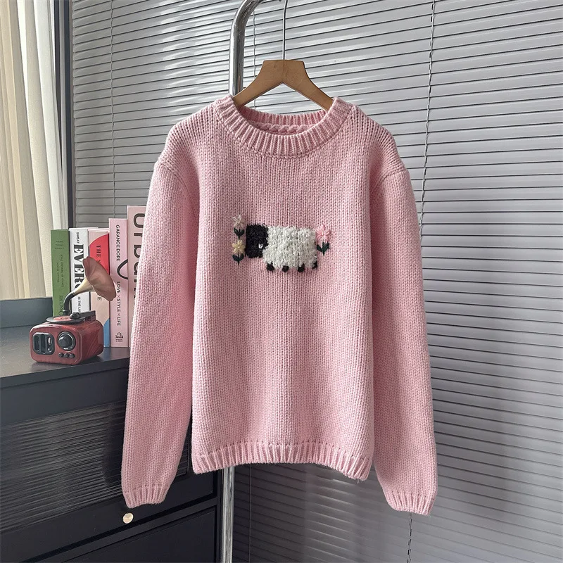 

Sweet Cute Jacquard Knitted Sweater pink color cartoon sheep Top full sleeves knitwear caual jumper pullovers