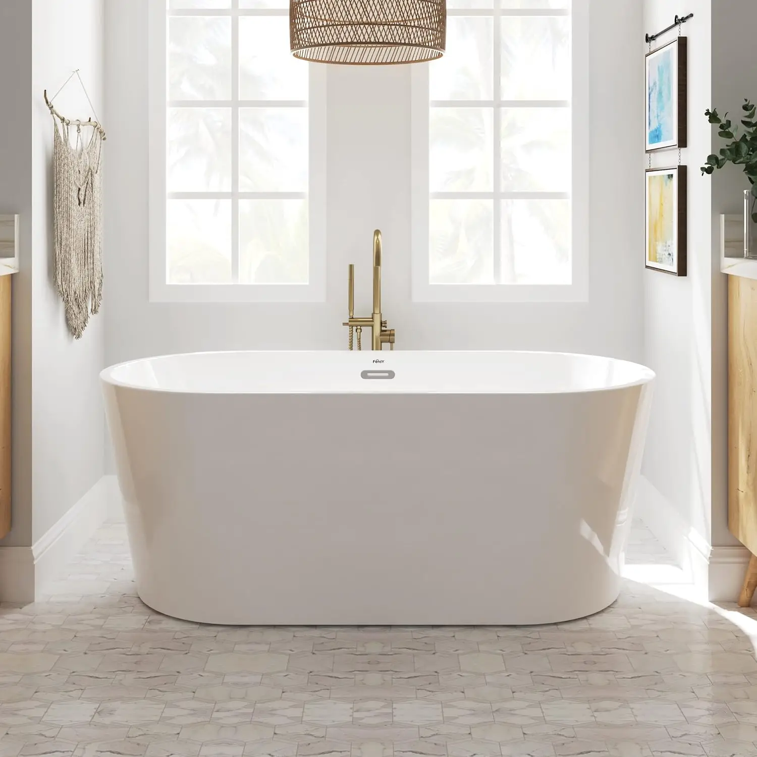 59 inch Acrylic Freestanding Bathtub Classic Oval Shape Acrylic freestanding tub Modern White Chrome Drain and Classic Slotted