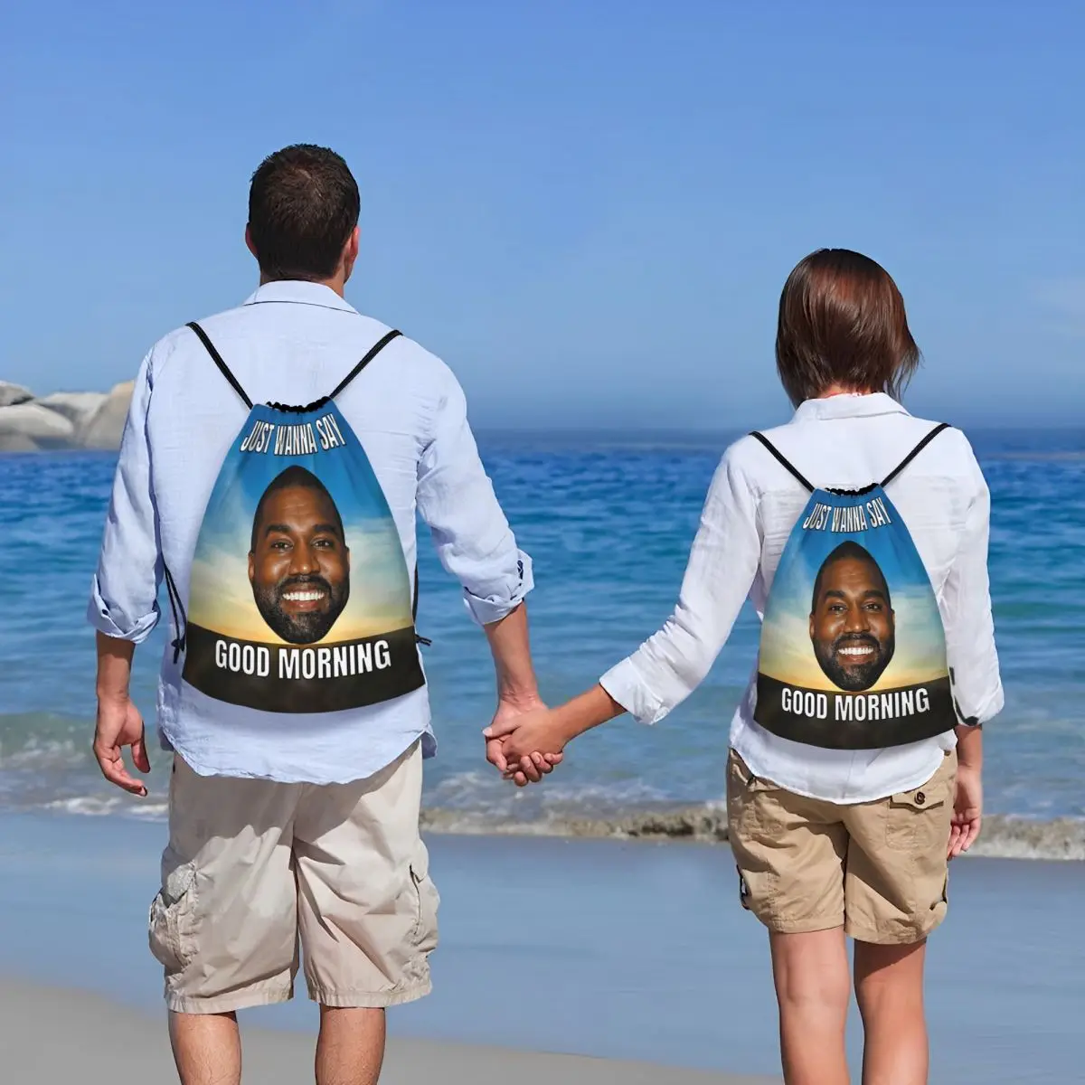 Custom Kanye West Good Morning Meme Drawstring Backpack Bags Men Women Lightweight Funny Gym Sports Sackpack Sacks for Yoga 6
