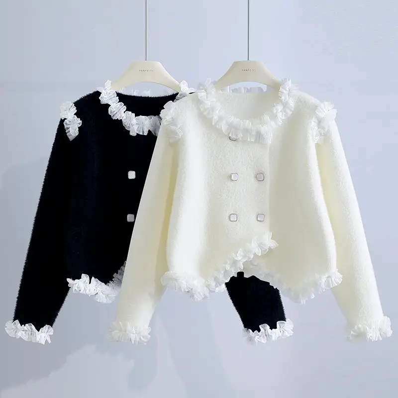 

Women 2023 Autumn New Short Imitation Mink Velvet Cardigan Female O-neck Sweater Coats Ladies Stitching Knitted Jackets T452