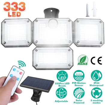 Luci solari da esterno 333 Luce di sicurezza a LED con telecomando, lampade con sensore di movimento a 4 teste, 320 ° Lampada da parete grandangolare 1
