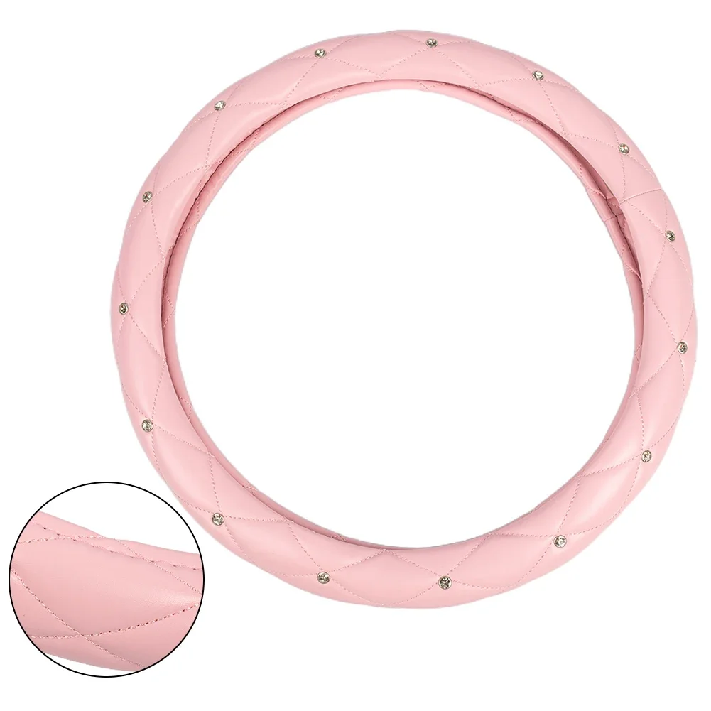 범용 PU 가죽 블링 라인스톤 핑크 자동차 스티어링 휠 커버, 인테리어 액세서리, 자동차 스타일링, 38cm, 15 인치 