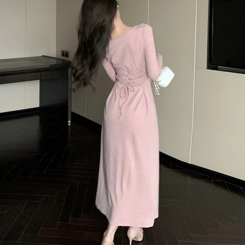 Women Dress y2k Clothes Solid Color Ruffle Tie Up V Neck Long Sleeve Bodycon Long Dresses Party Dresses Streetwear