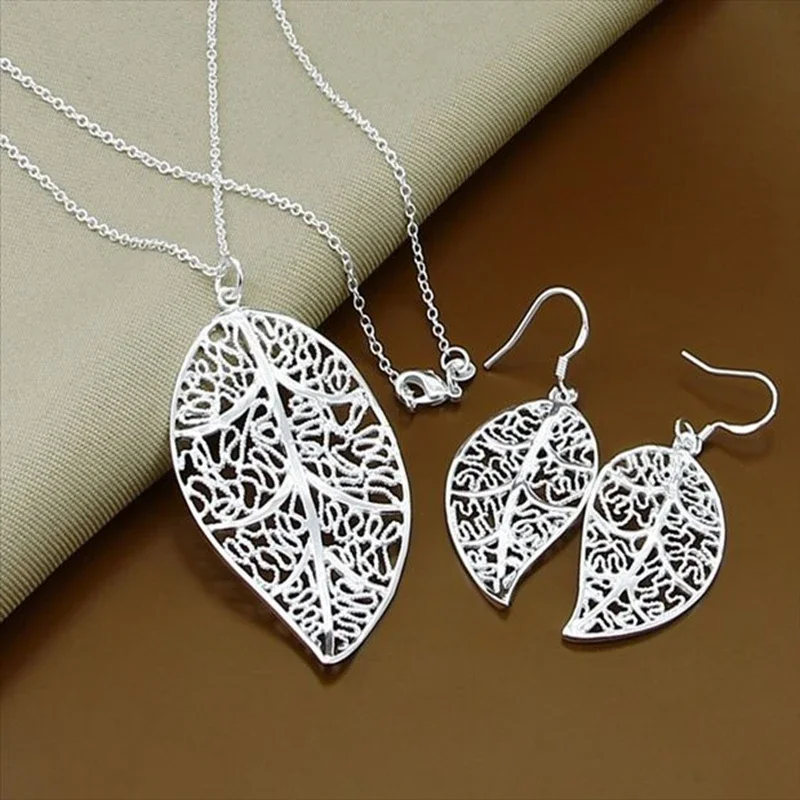 

CHUANGCHENG Earrings rings silver 925 Leaf Pendant Necklaces Earrings for Women Fashion Jewelry Set Accessories