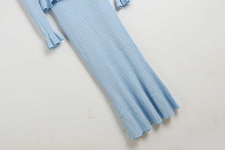 Autumn Knit 2 Piece-Set Long Skirt For Women V-Neck Ruffled Ribbed Elegant Party Looks Outfits Female Knitwear Slim Sets