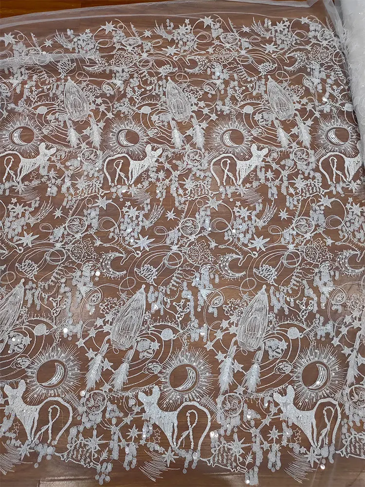French Embroidery Bead Sequins Irregular Lace Mesh DIY Wedding Dress Lace Clothing Fabric
