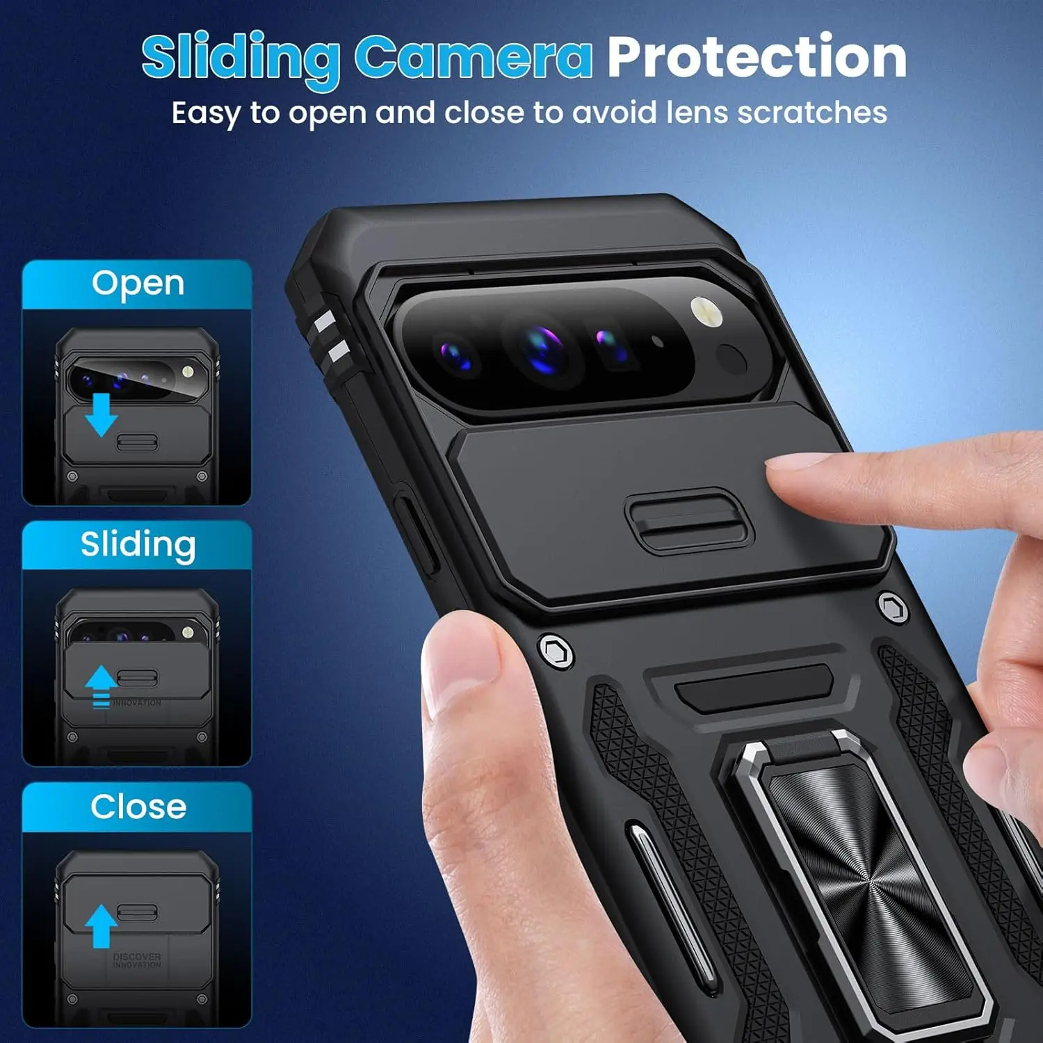 Rugged Shockproof Protective Case with Slide Lens Cover and Kickstand