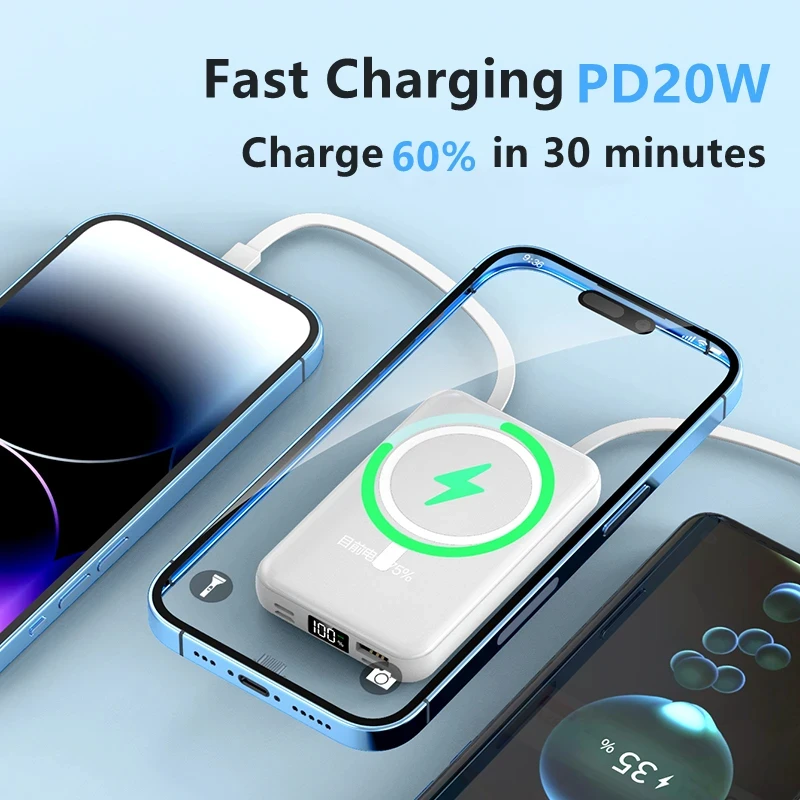 10000mAh Macsafe Power Bank Magnetic Wireless Fast Charger for iPhone 14 13 Samsung Xiaomi Built in Cable Portable Spare Battery