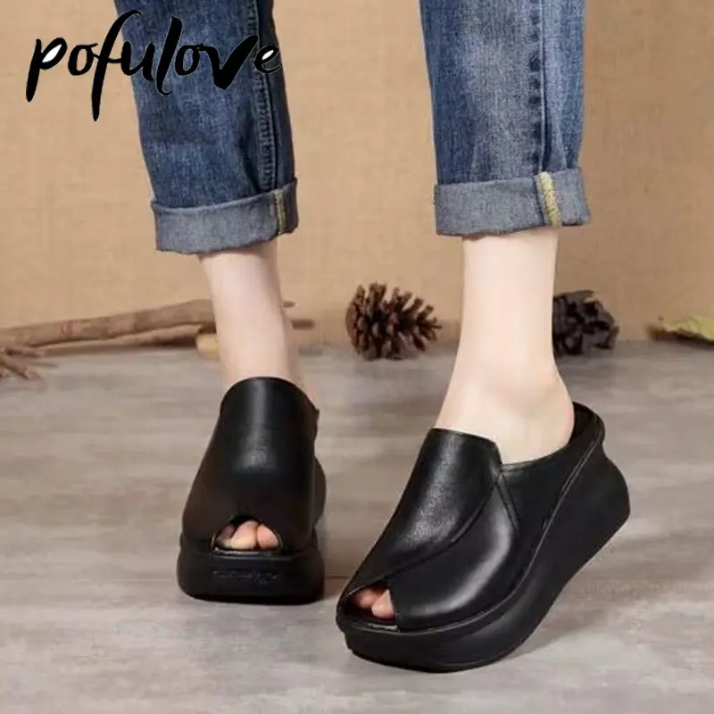 

Pofulove Split Leather Fishmouth Sandals Women's Summer Thick Soft Soles High Heels Solid Color Comfortable Slope Heels Slippers