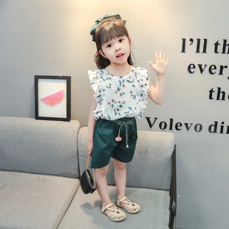 Baby Girl Clothes Summer Fashion Sleeveless Girls Suit Girls Chiffon Flower Sleeveless Top + Shorts Girls Clothing Two Piece baby outfit matching set