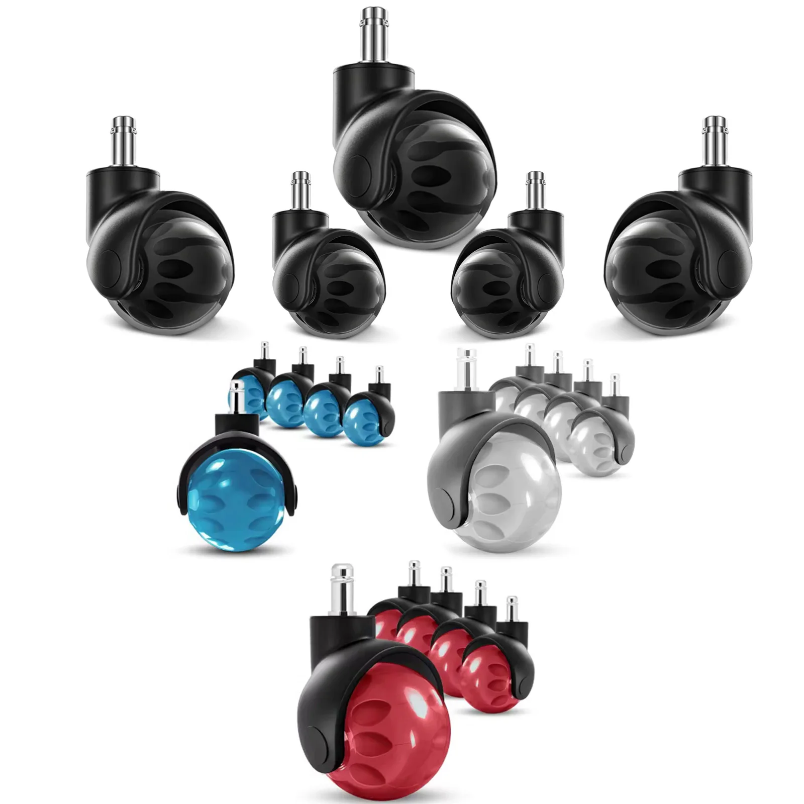 thumbnail image 2 of Blue Office Chair Casters, 3 Inch Heavy-Duty Rubber Chair Castors Replacement, Computer Gaming Desk Chair Wheels-Set Of 5, Smooth Rolling For Hardwood Carpet Tile Floors, 11 * 22mm Universal Fit 2 of 12