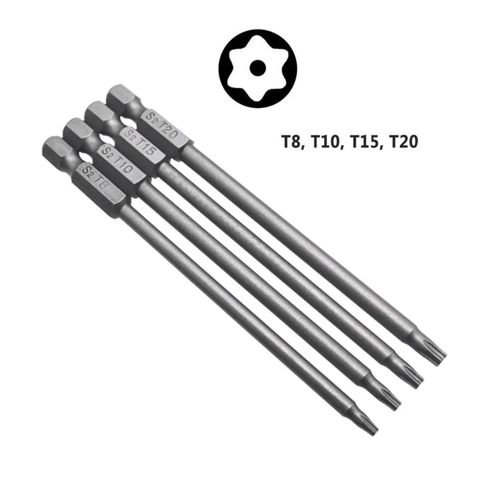 4 Stück magnetische Schraubendreher-Bits, 100 mm legierter Stahl, 1/4 Sechskantschaft, lange Schraubendreher-Bits für Torx-Kreuzschlitz, Sechskantkopf, Schlitzspitze – Detail 1