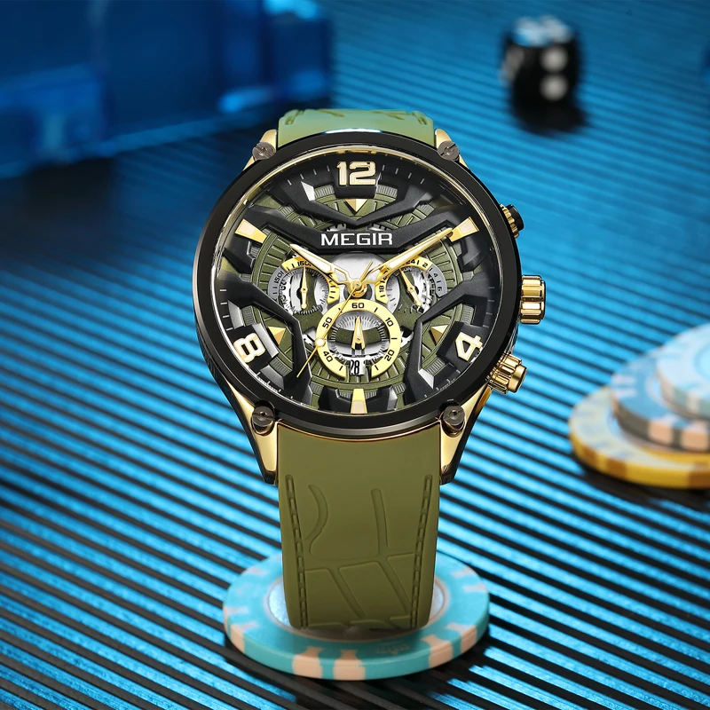 MEGIR Brand New Sports Silicone Green Quartz Watch for Men Waterproof Luminous Date Chronograph Mens Watches Relogio Masculino