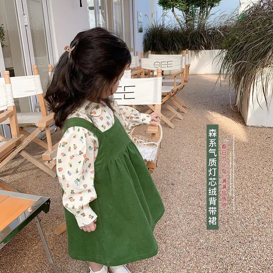 

Korean Spring Autumn Toddler Cute Sweet floral Girls VestSuit Braces skirt Cotton Shirt+corduroy Dress Baby Clothing Sets 1-8 Y
