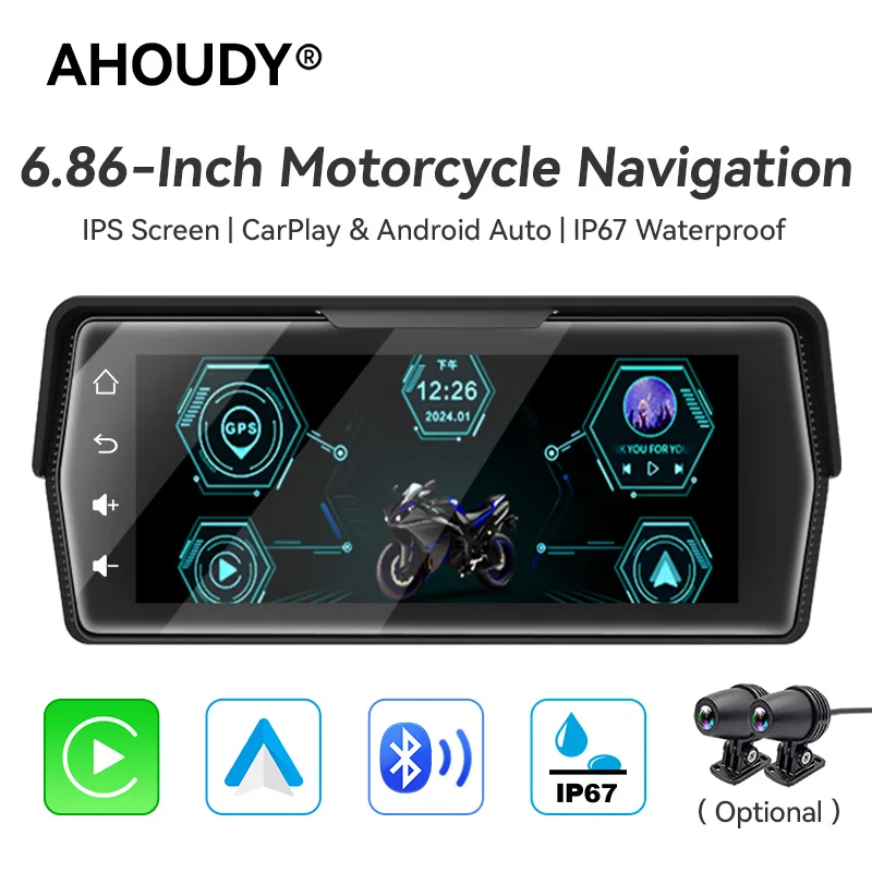 AHOUDY 6.86 ''moto Carplay Android Auto Portable 800nits écran IP67 BT/WiFi DVR GPS Navigation Pour Moteur