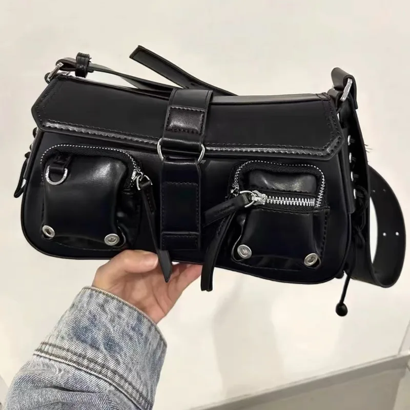 Vintage PU Leather Black Handbags Punk Harajuku Underarm Shoulder Bags Trend Multiple Pockets Zipper Crossbosy Bags For Women