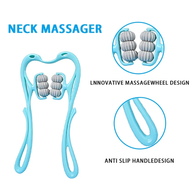 Neck Massager with Six Wheels for Neck Muscle Relaxation Rotatable Adjustment Massaging Legs and Arms in Pink and Blue Colors 4