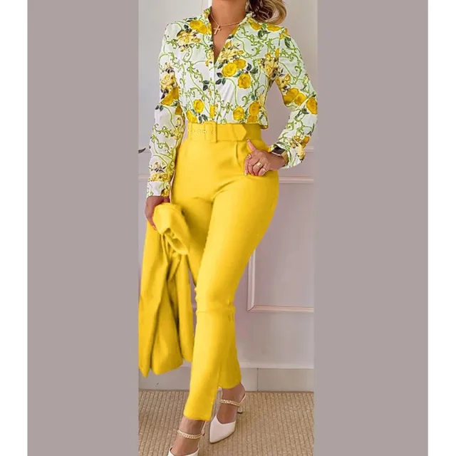 Elegant Women Printed Two Piece Suit Sets Spring Autumn V Neck Long Sleeve Shirt Top & Long Pants Set With Belt Workwear Outfits 4
