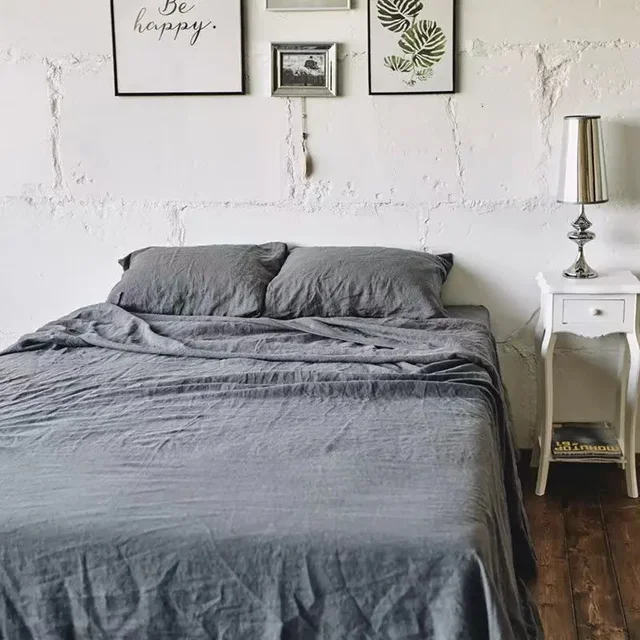 Ensemble de draps en lin 100% lavé, 3 pièces, draps de lit en lin naturel, 2 taies d'oreiller, literie de ferme douce et respirante, drap plat 4