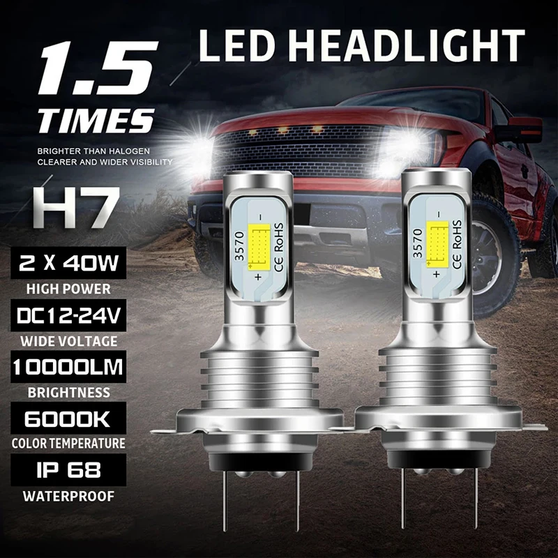H7 Led Canbus Headlight H7 Led Lo Beam Bulbs 6000K IP 68 CSP 3570 LED Chips