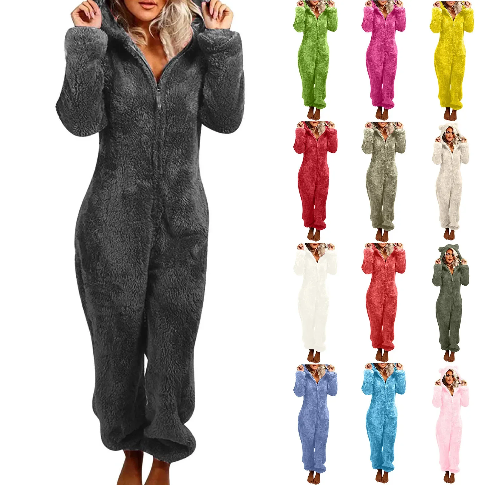 Plus Size Coral Fleece Jumpsuit For Women Christmas Pajamas One-Piece Pyjamas Winter Warm Women Hooded Onesies Sleepwear S-3xl