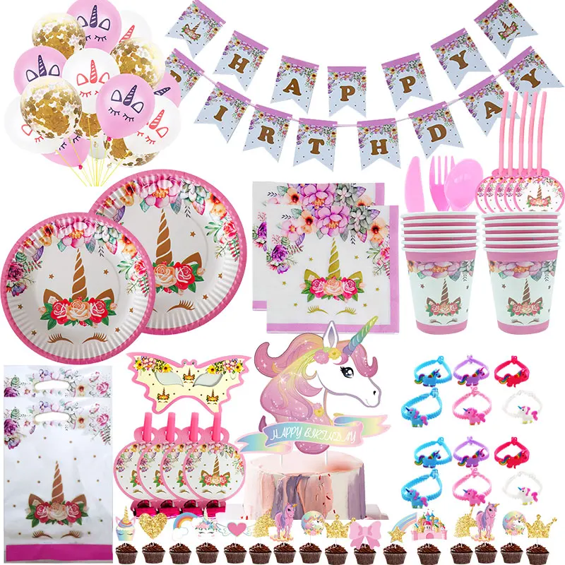 Decoration Unicorn Birthday Girl Tableware Set Balloons Kit Theme Party Gifts Plates Cup Napkins Banner Kids Birthday Supplies