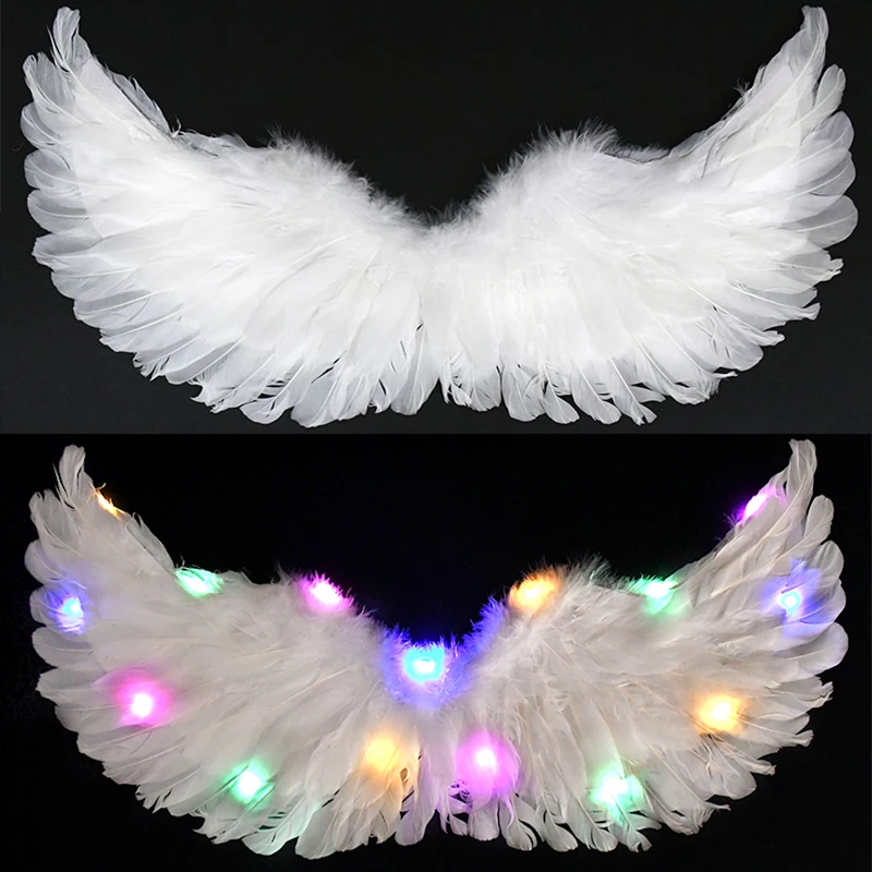 

White Feather Wing With LED Light Luminous Angel Feather Wing Fairy Wand For Children Birthday Halloween Masquerade Costume Prop